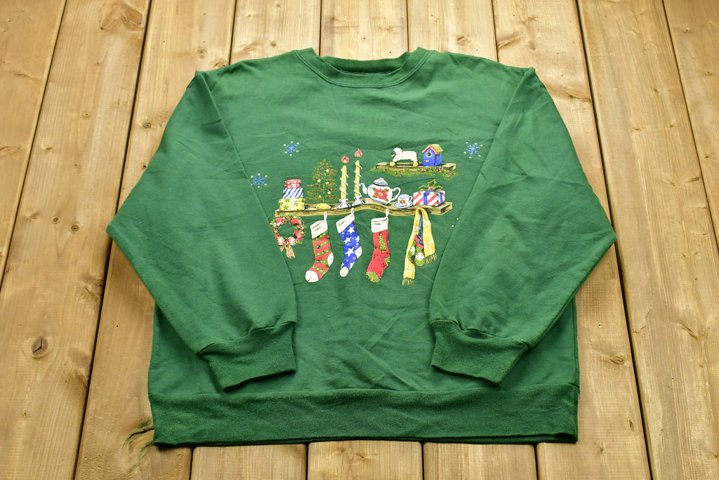 Vintage Christmas Sweater , 90s Holiday Crewneck , Winter Wear , Festive Stocking Graphic Print