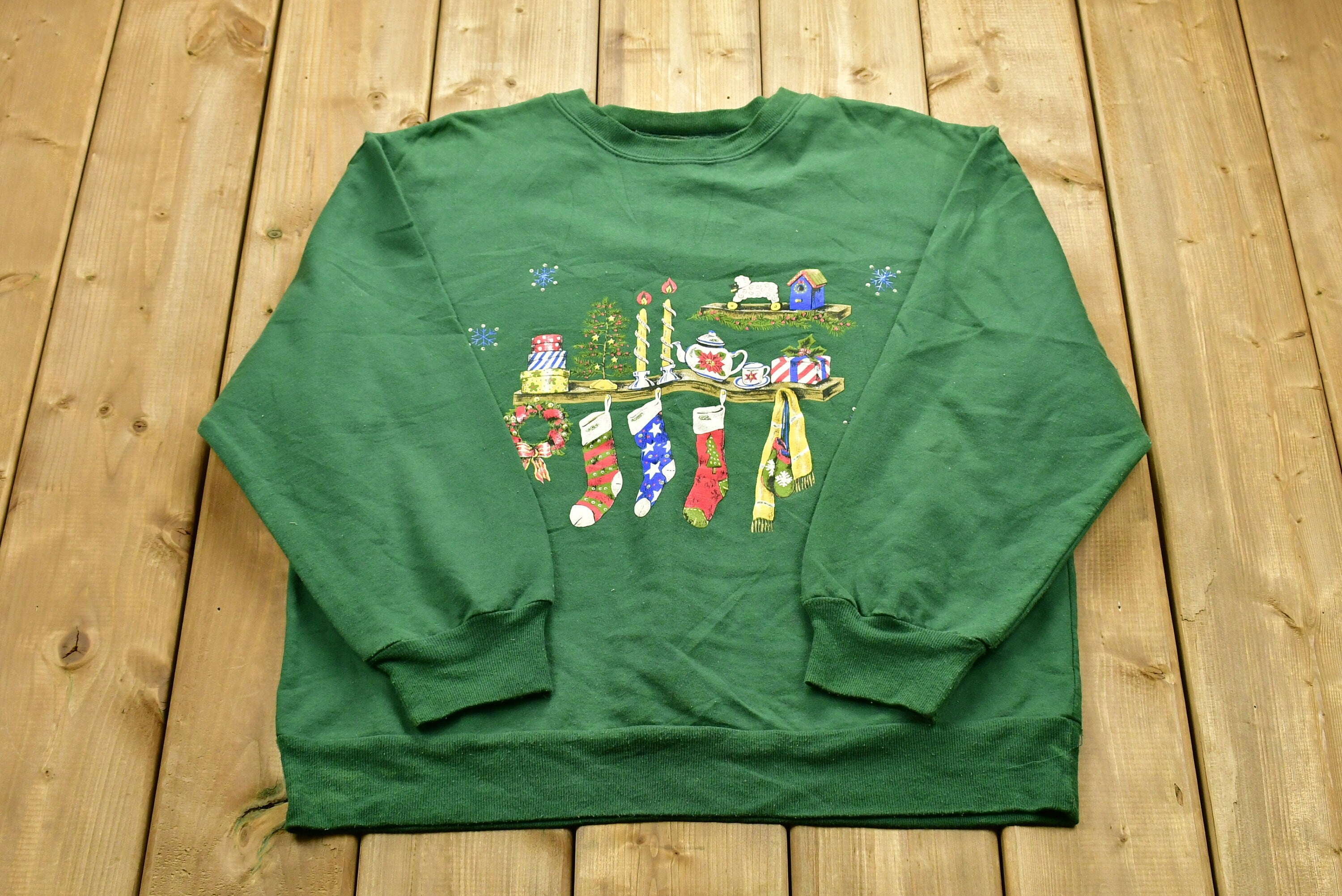 Vintage Christmas Sweater , 90s Holiday Crewneck , Winter Wear , Festive Stocking Graphic Print