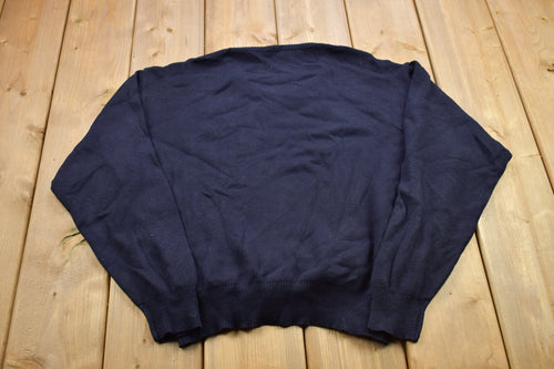 Vintage 1990s Knitted Navy Blue Crewneck Sweater / Vintage 90s Sweater / Embroidered / Basic Knit / Sweatshirt / School Uniform Knit