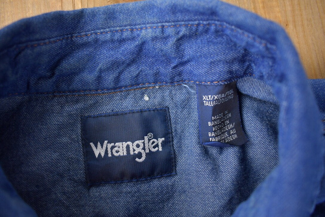 Vintage 1990s Wrangler Denim South Western Style Pearl Snap Button Up Rodeo Shirt Size XXLT