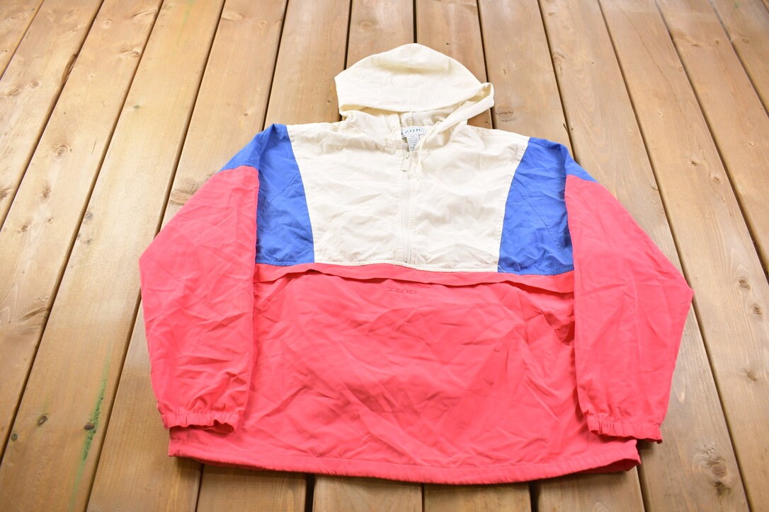 Vintage 1990s Izod Embroidered Logo Quarter Zip Color Block Windbreaker Jacket