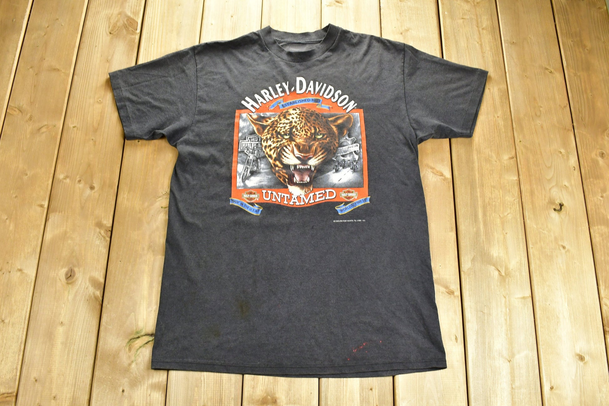 Vintage 1992 Harley Davidson Motorcycles Untamed Cheetah 3D Emblem T-Shirt