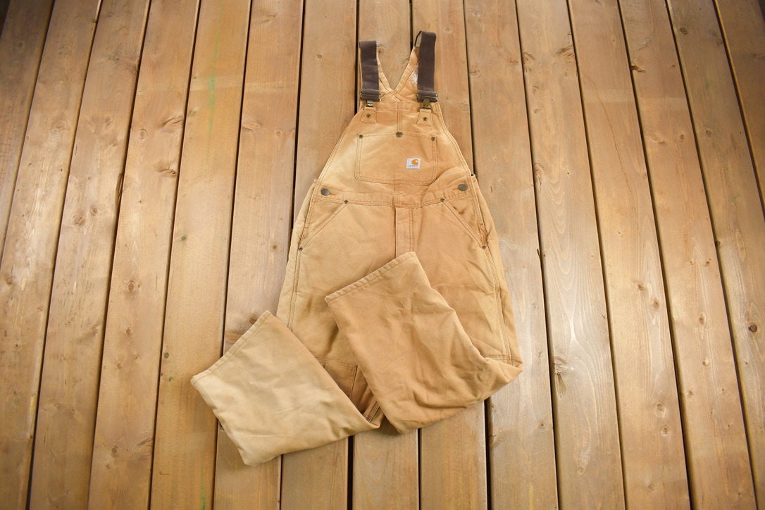 Vintage 1990s Carhartt Beige Double Knee Canvas Quilted Overalls