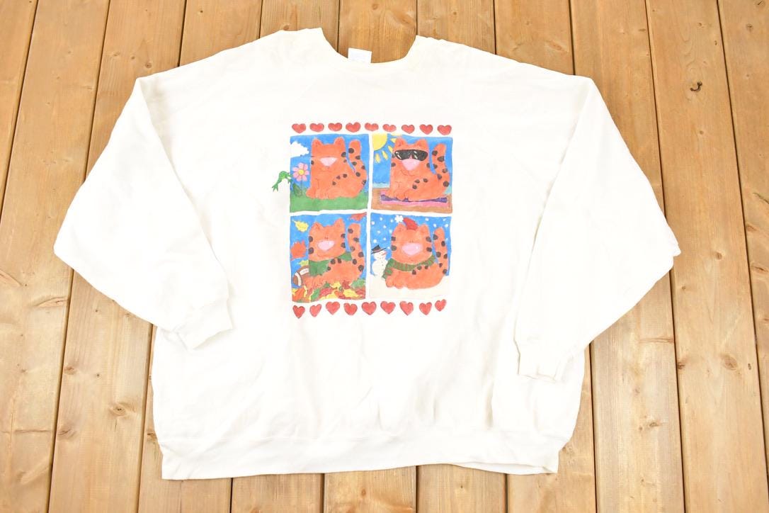 Vintage 1990s Cute Cartoon Kitty Love Crewneck Sweatshirt Men's 4X
