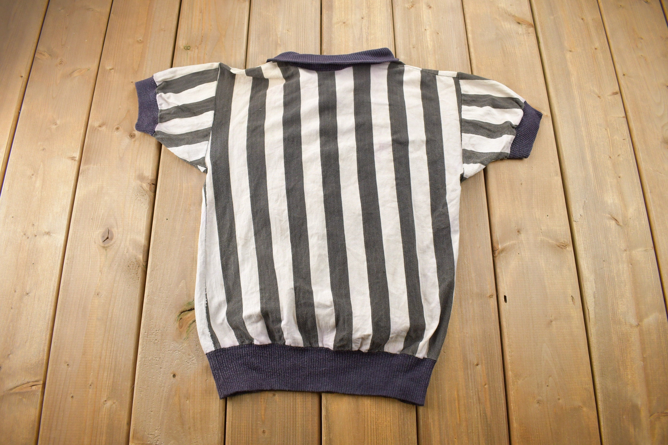 Vintage 1950s Vertical Striped Short Sleeve Quarter Zip Sweater