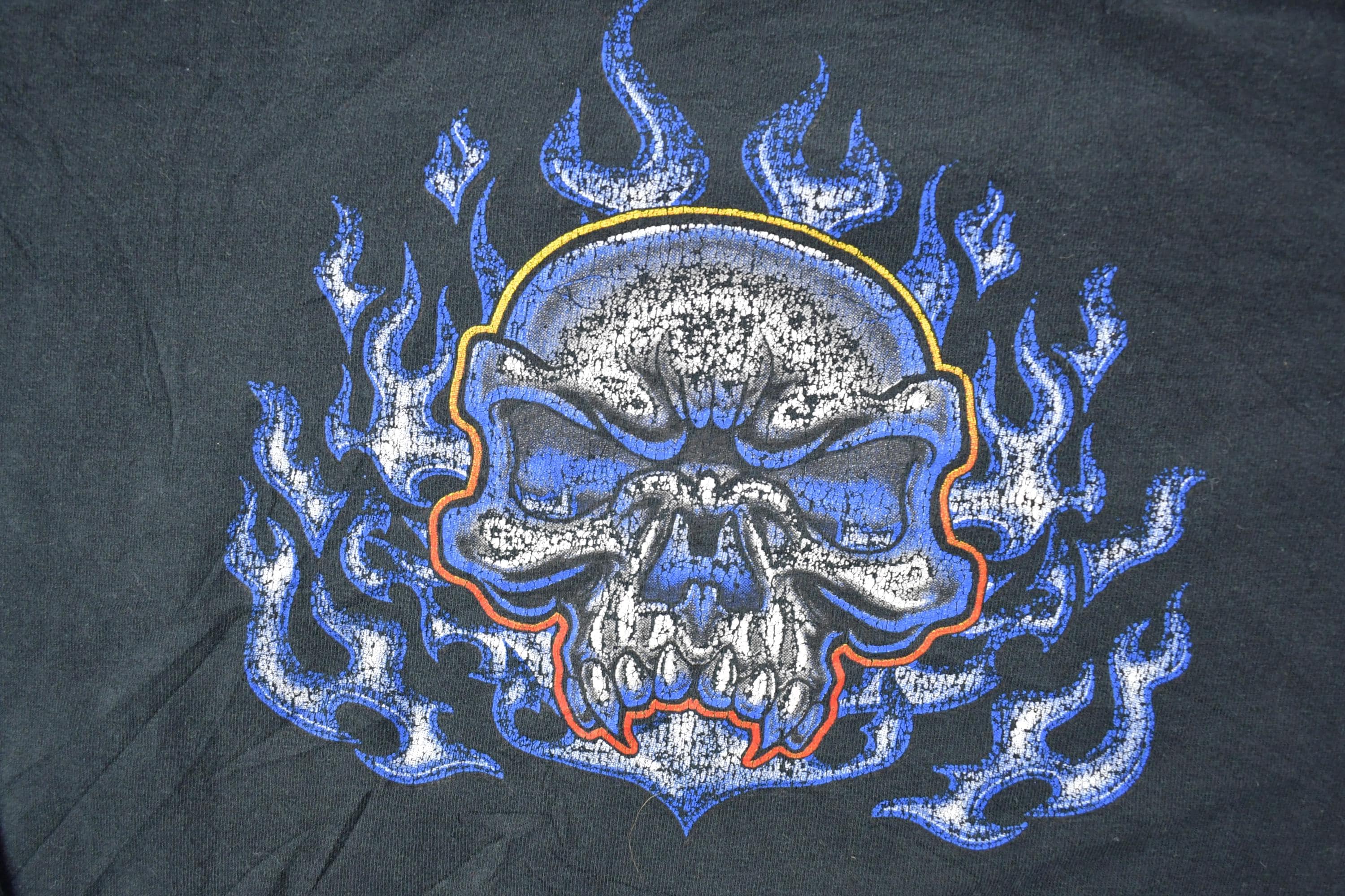Vintage 1990s Anvil Blue Fire Skull Crewneck Light Sweatshirt
