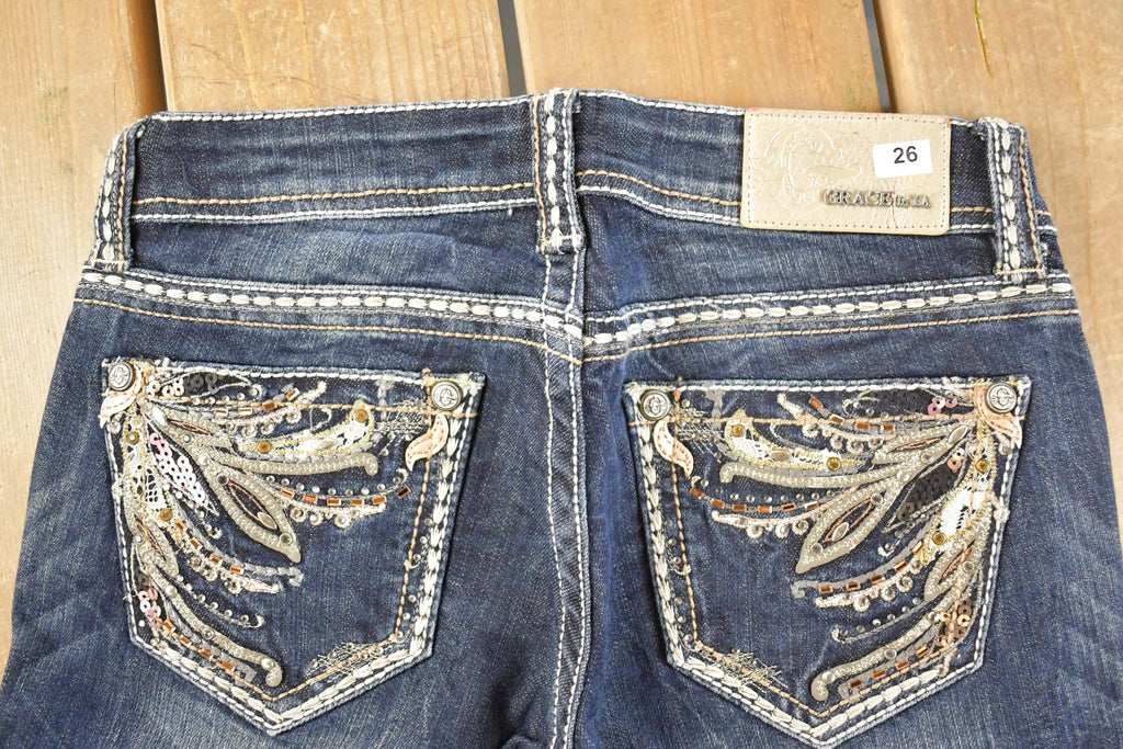 Vintage Deadstock Y2K Grace In LA Bedazzled Bootcut Low Rise Jeans Women's Size 26 x 31