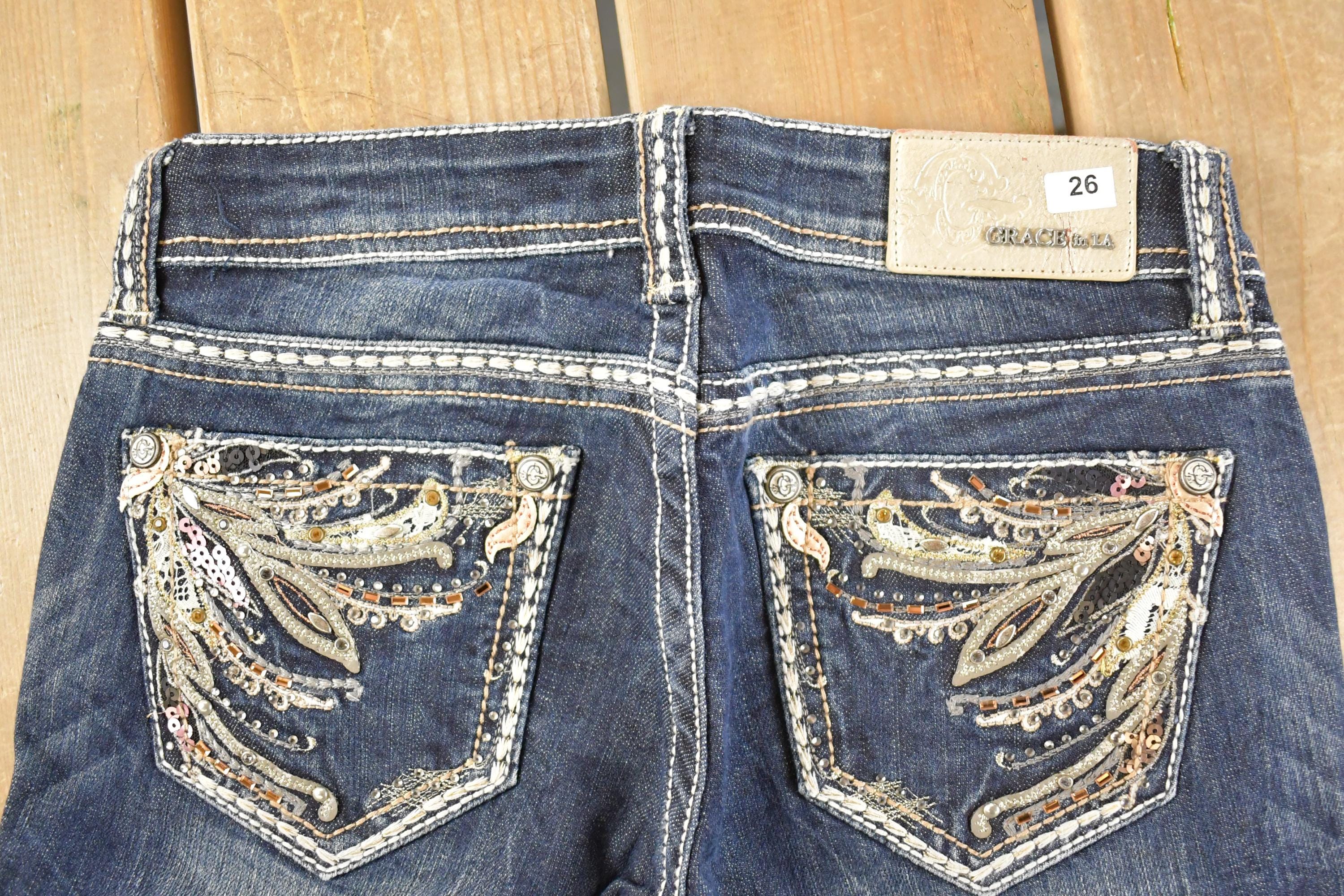 Vintage Deadstock Y2K Grace In LA Bedazzled Bootcut Low Rise Jeans Women's Size 26 x 31
