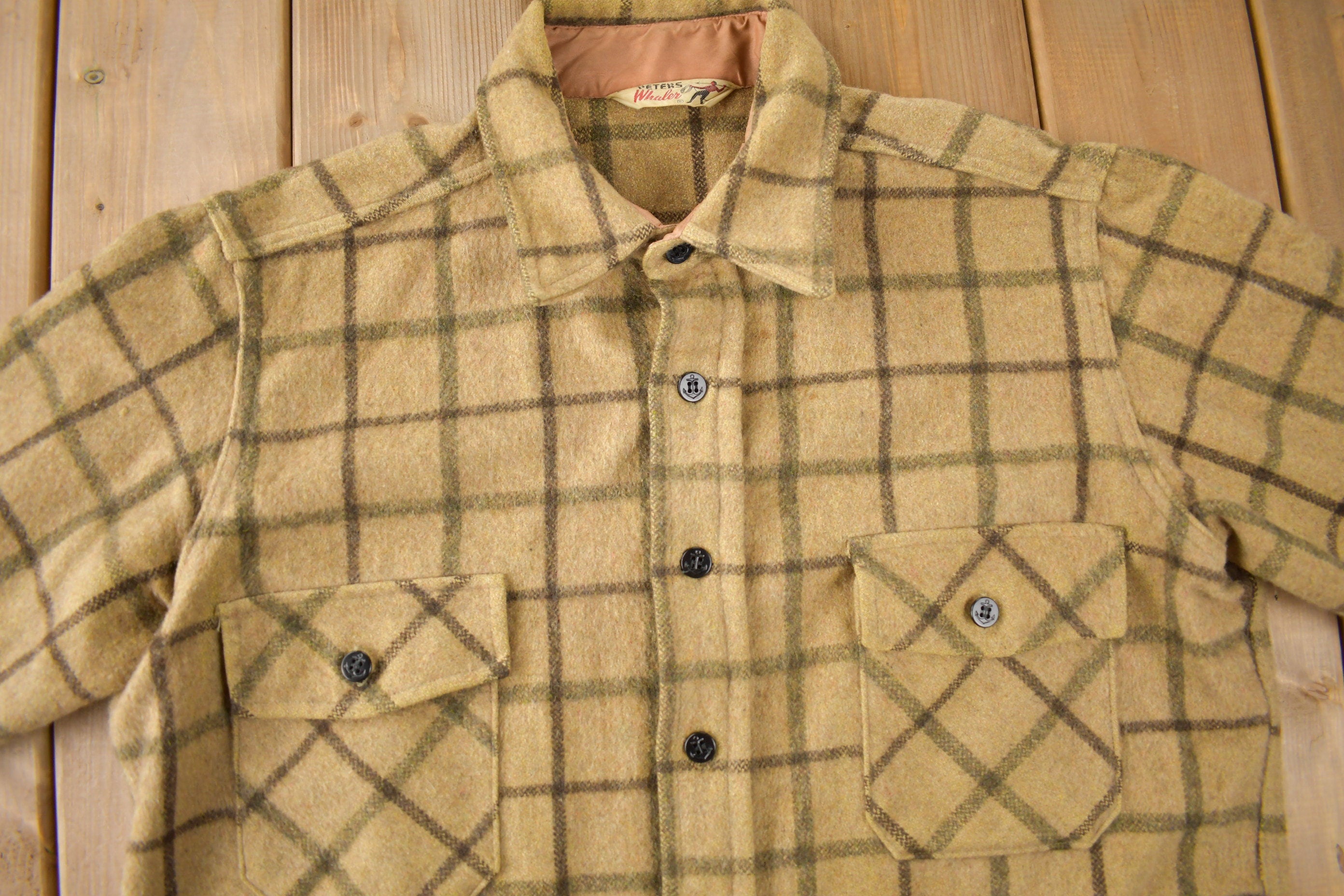 Vintage 1950s Peters Whaler Plaid Wool Button Up Flannel Size Large Workwear