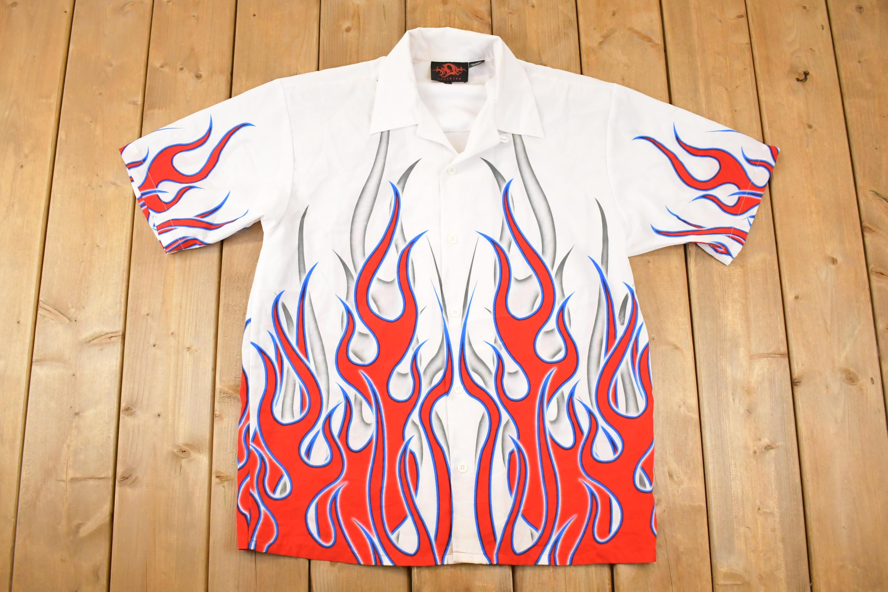 Vintage 1990s Flames AOP Rock Button Up Shirt Men's XL / Fire Pattern / Rock Style / Boxy Fit