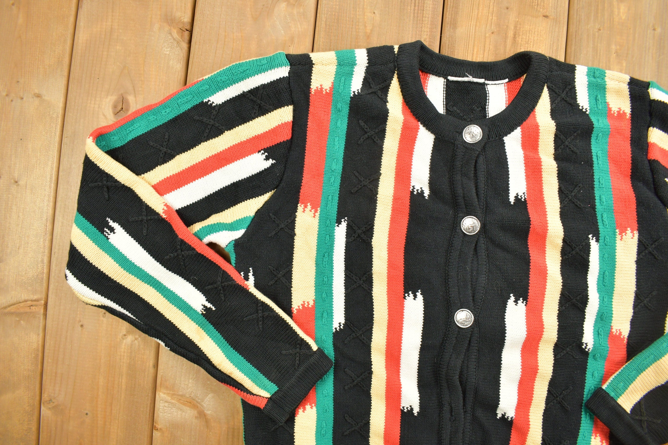 Vintage 1990s Colorful Abstract Knit Cardigan Sweater