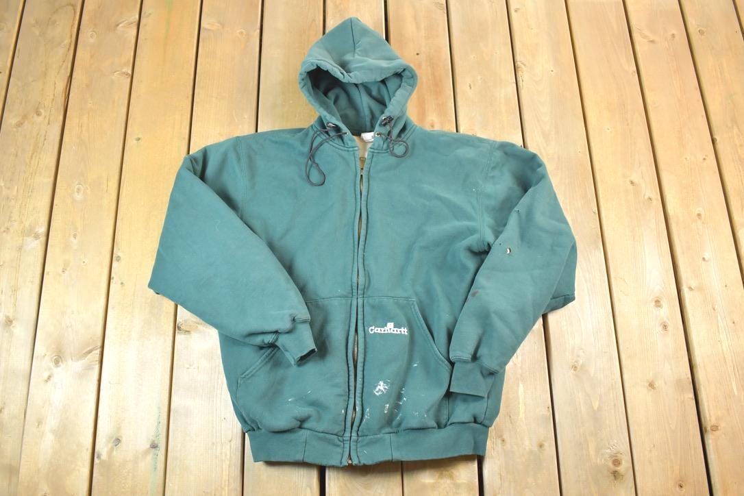 Vintage 1990s Carhartt Perfectly Distressed Lined Full Zip Hoodie Sweater Made In USA