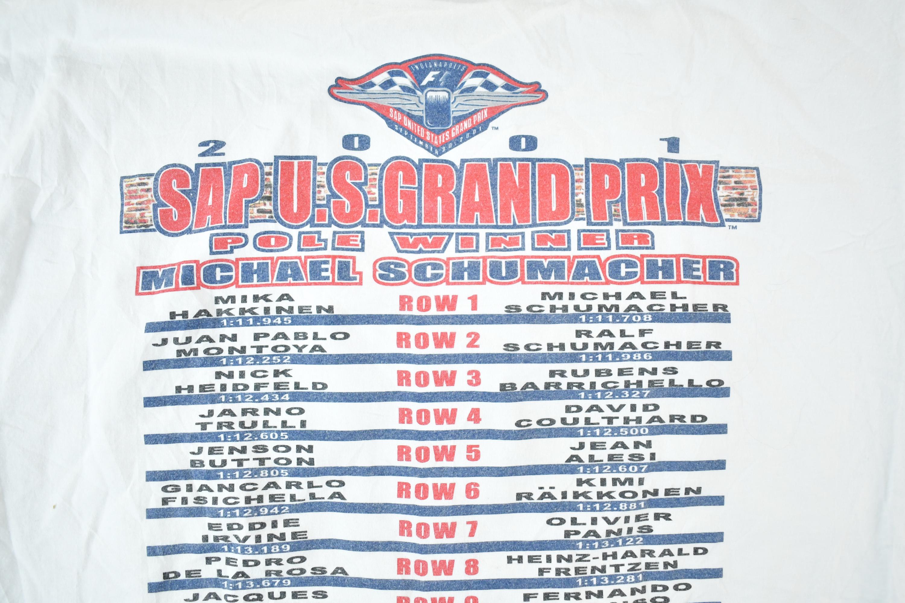 Vintage 2001 Michael Schumacher US Grand Prix Souvenir T-Shirt Mens XL