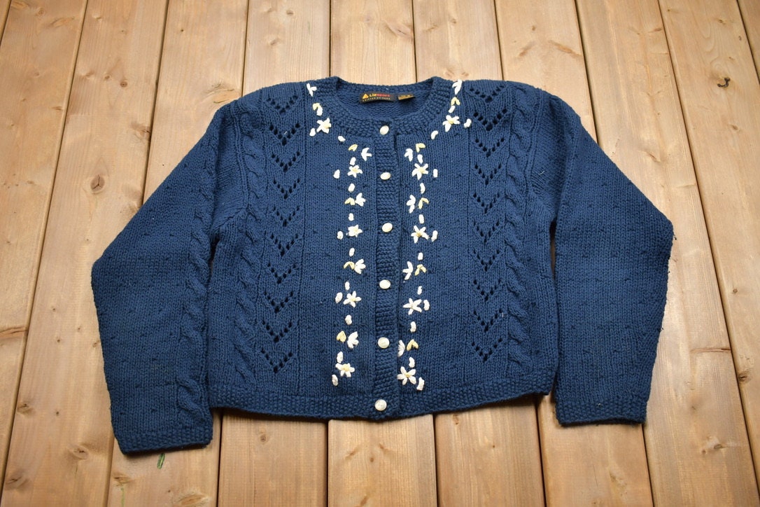 Vintage 1990s Floral Theme Knitted Button Up Sweater