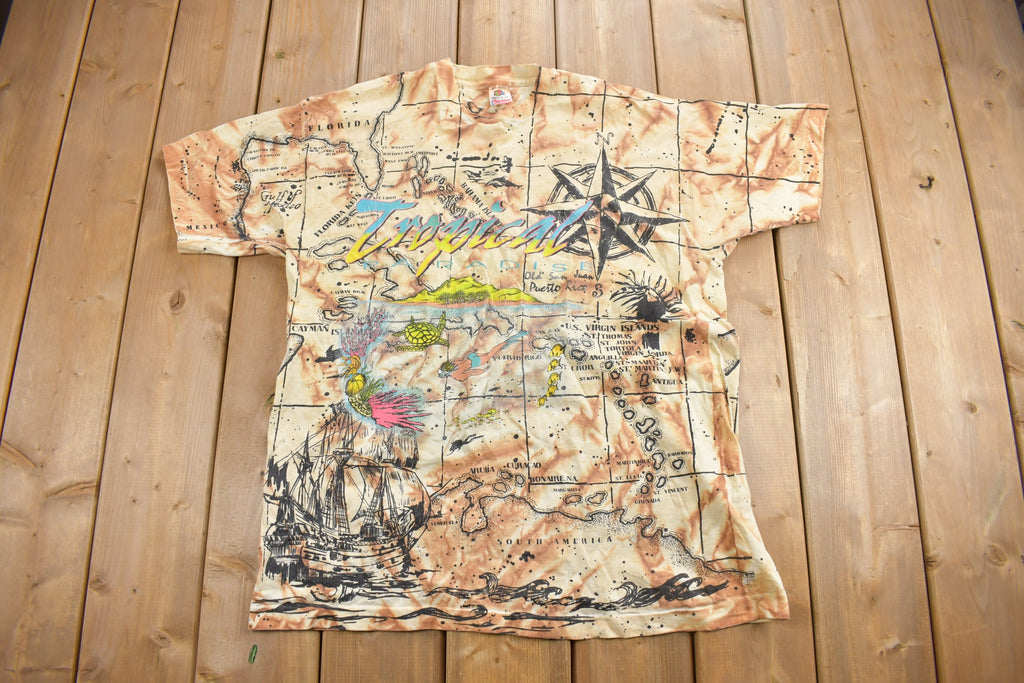 Vintage 1990s Tropical Paradise All Over Print Map Theme Souvenir T Shirt