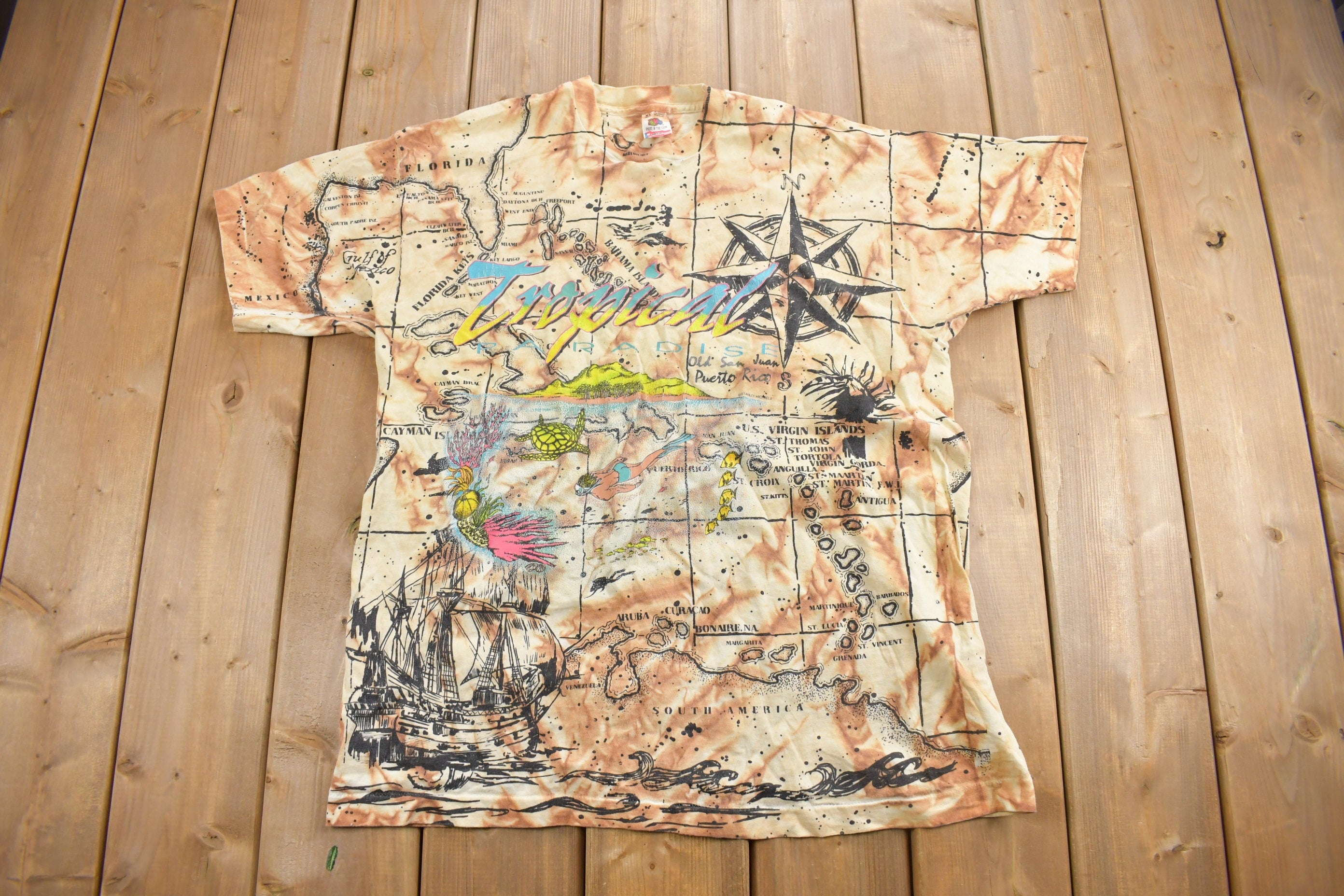 Vintage 1990s Tropical Paradise All Over Print Map Theme Souvenir T Shirt