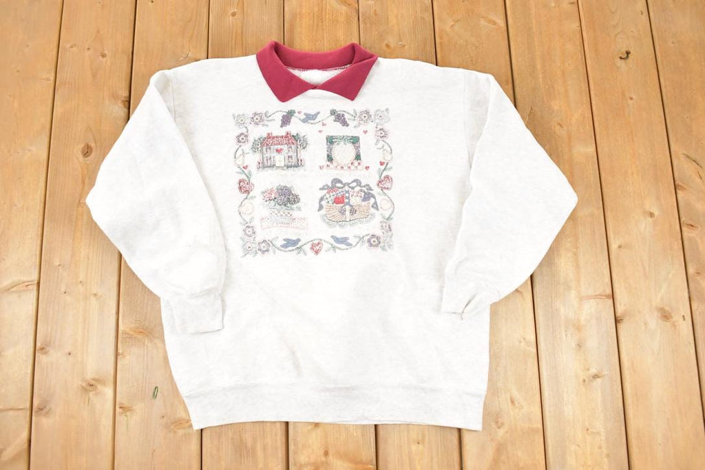 Vintage 1990s Cute Farmhouse Collared Crewneck Sweatshirt Women's XL
