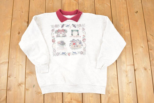Vintage 1990s Cute Farmhouse Collared Crewneck Sweatshirt Women's XL / Made In USA / 90s Cartoon Destination Sweater