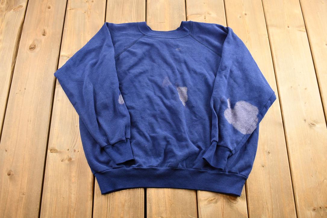 Vintage 1990s Navy Blue Bleach Stained Blank Crewneck Sweatshirt / 90s Crewneck / Vintage Blank / Grunge Aesthetic