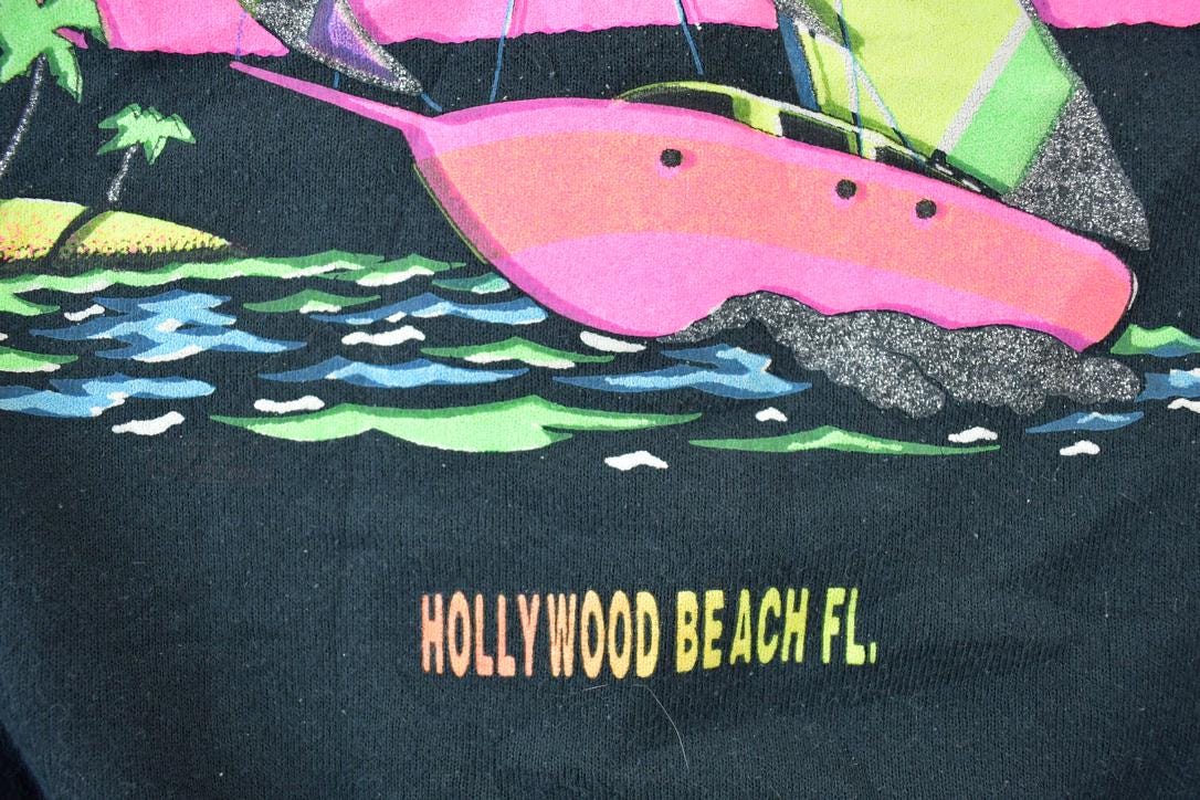 Vintage 1990s Hollywood Beach Florida Neon Sailboat Crewneck Sweatshirt