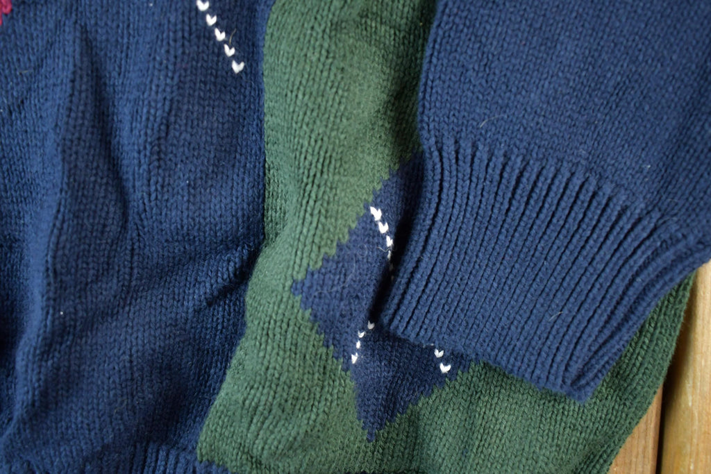 Vintage 1990s Woods And Grey Argyle Knit Abstract Pattern 100% Cotton Crewneck Sweater