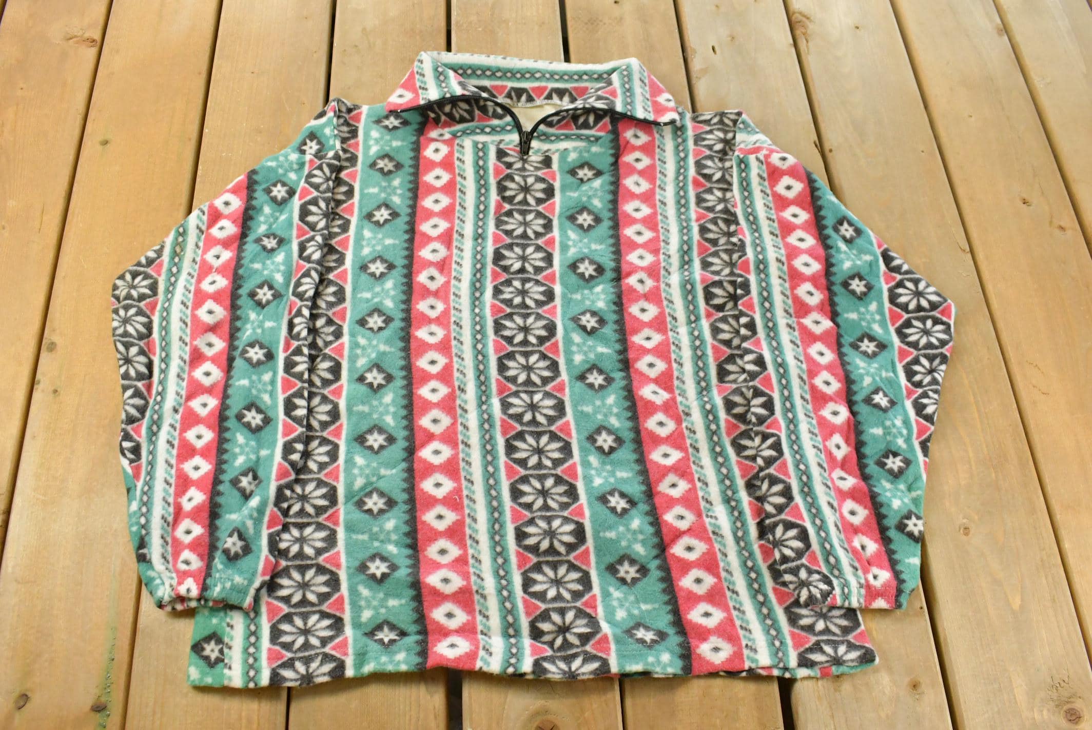 Vintage 1990s Nordic Abstract Pattern Fleece Quarter Zip Sweater Men's Medium