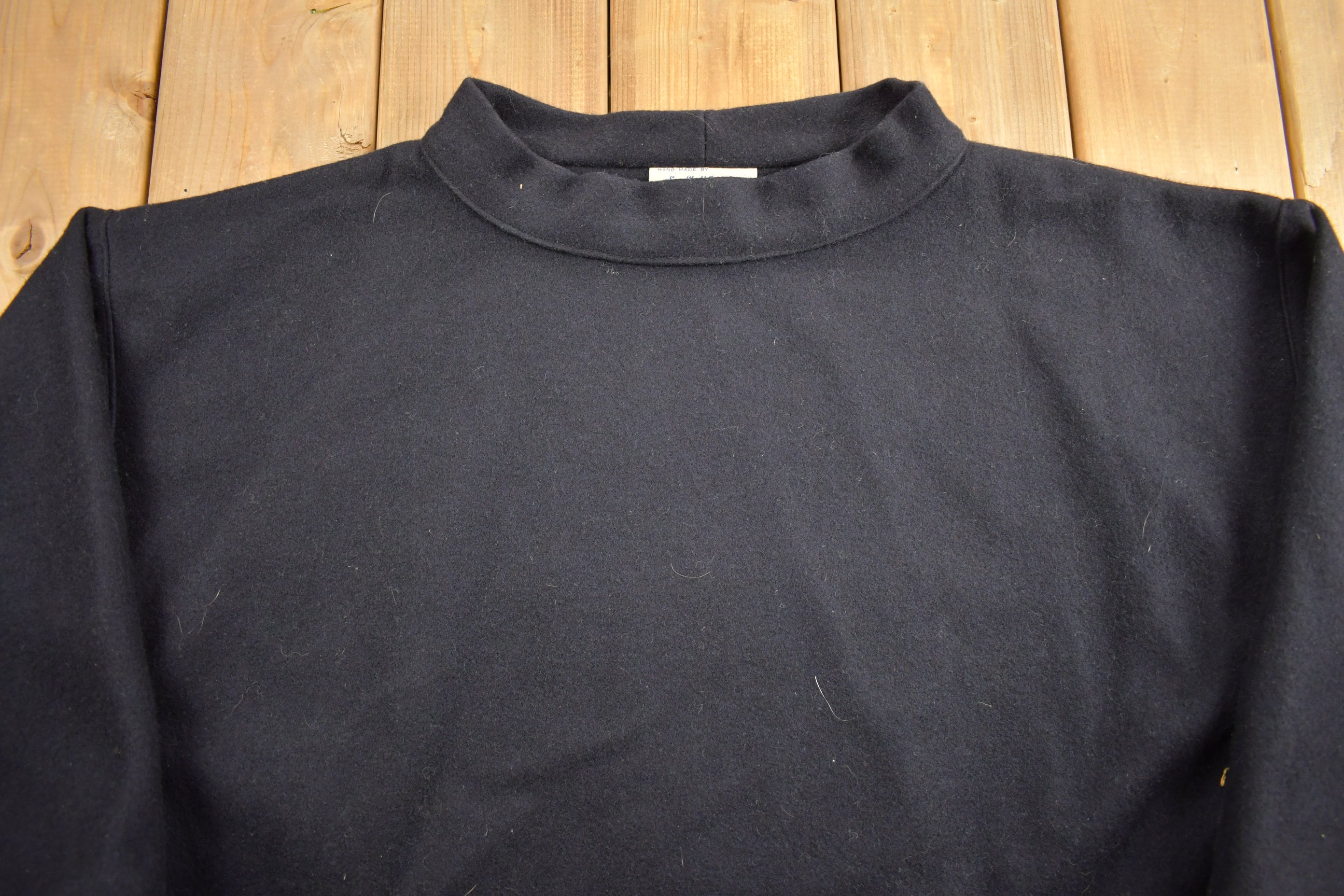 Vintage 1980s 100% Wool Black Sail Boat Embroidered Mock Neck Sweater