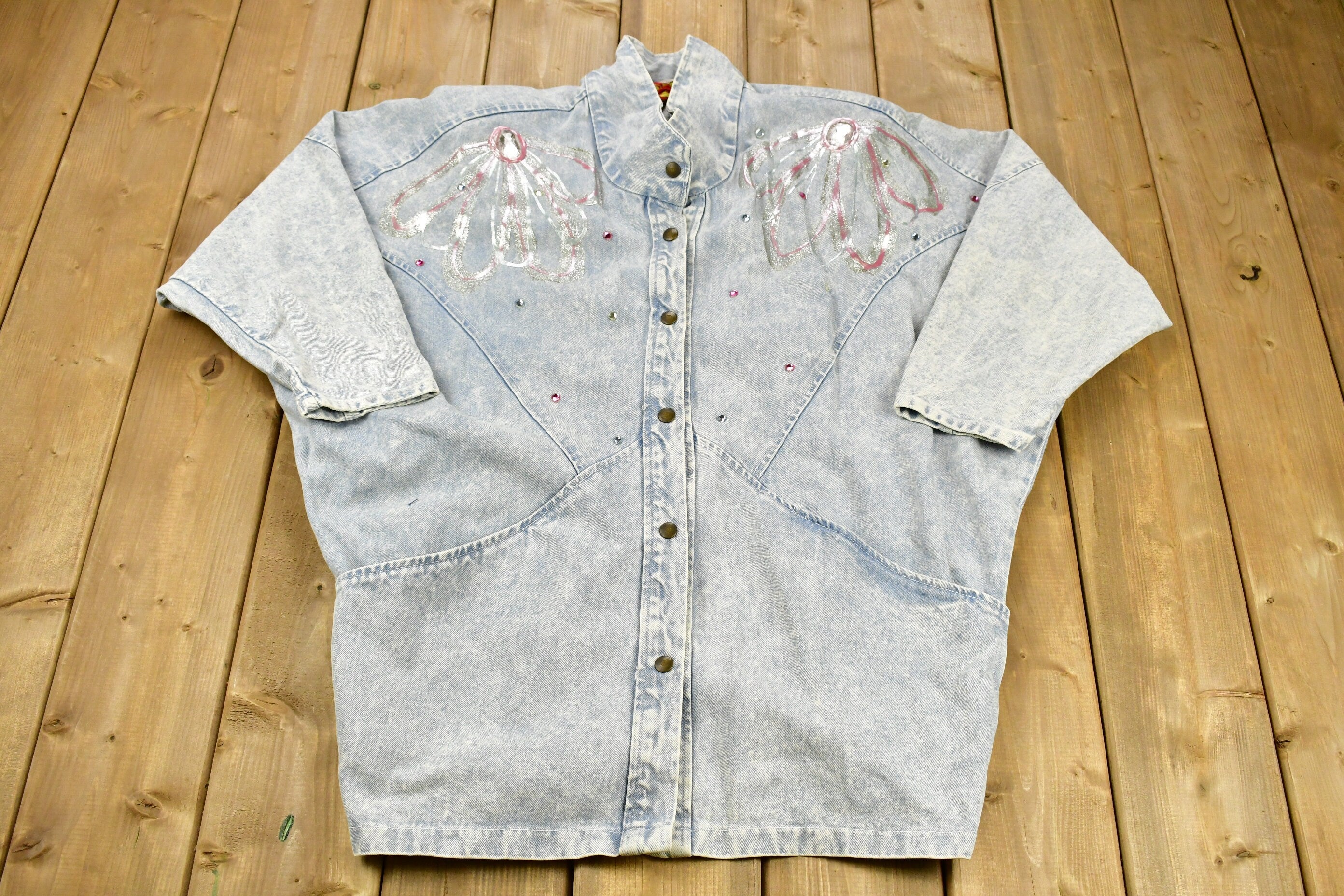 Vintage 1990s Custom Beads Cute Denim Jean Jacket