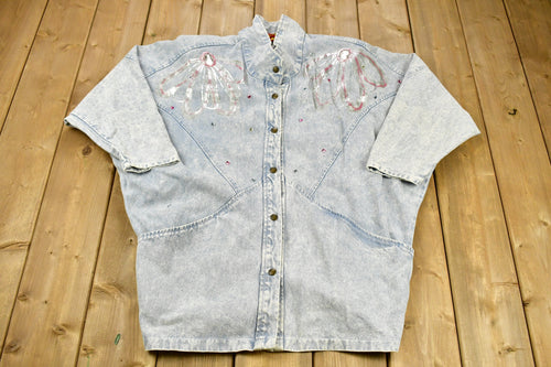Vintage 1990s Custom Beads Cute Denim Jean Jacket / Vintage Denim / Streetwear / Custom Jacket / Fall Jacket / Made In USA / Torpedo
