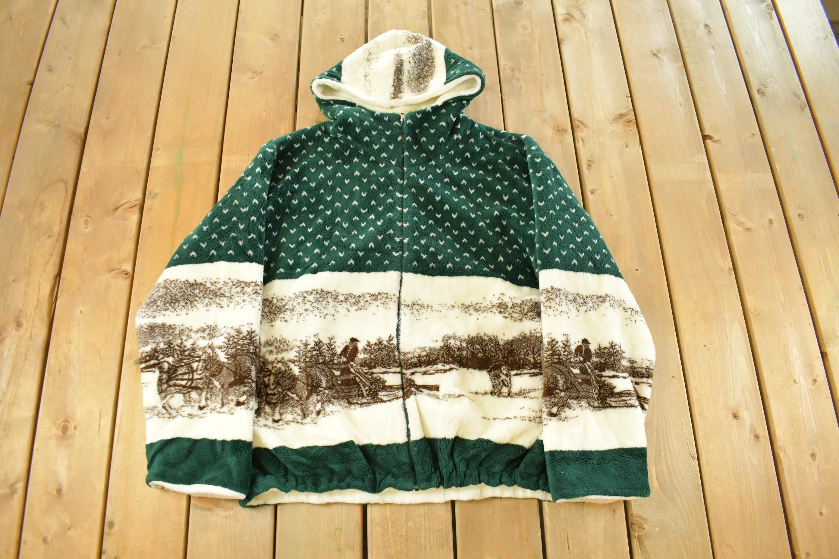 Vintage 1990s St. John's Bay Horses Nature All Over Print Full Zip Fleece Sweater Jacket Men's Large