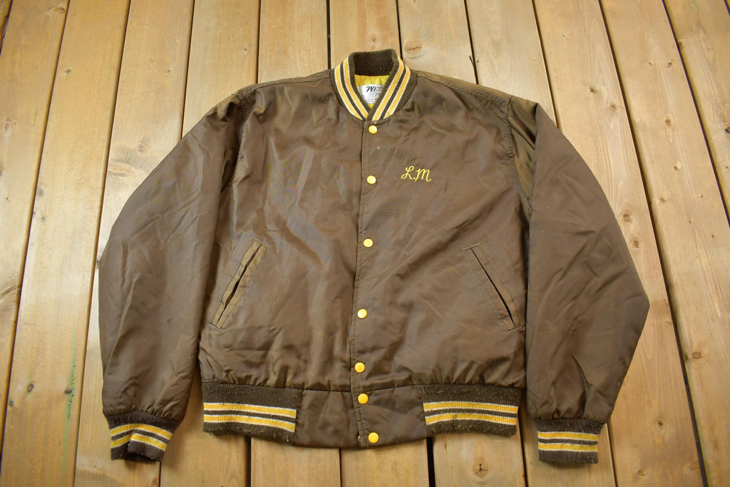 Vintage 1990s Mechanical Drafting Embroidered Snap Button Satin Jacket Made In USA - Large