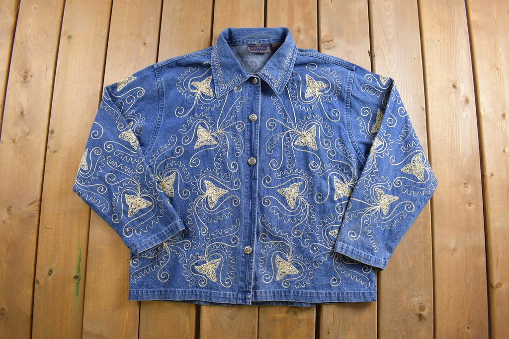 Vintage 1990s Abstract Pattern Denim Chain Stitched Jean Jacket