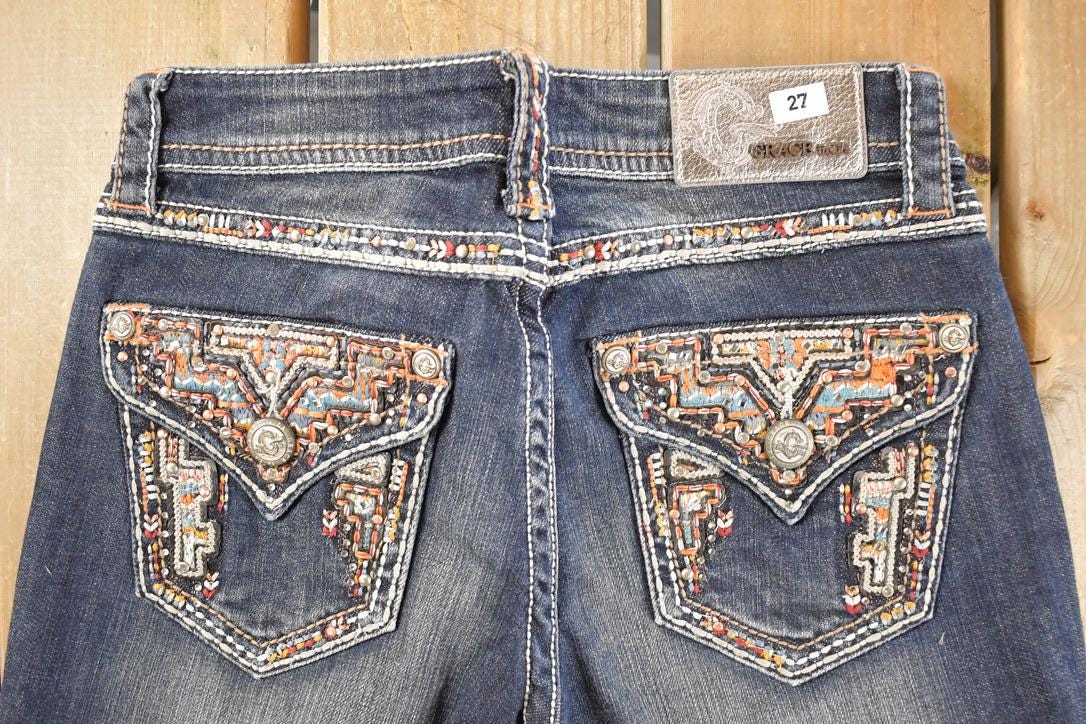 Vintage Deadstock Y2K Grace In LA Bedazzled Bootcut Low Rise Skinny Jeans Women's Size 27 x 32