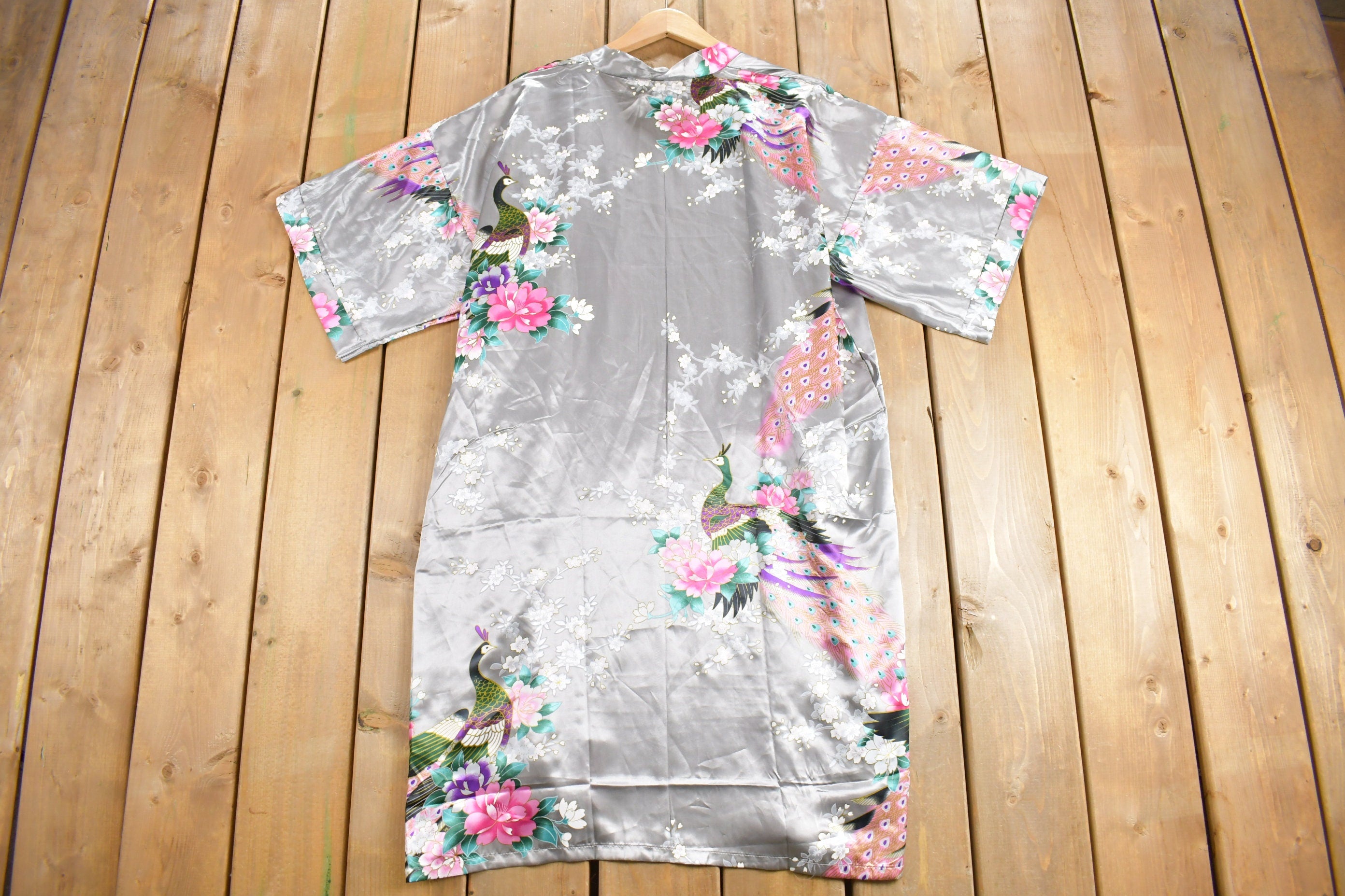 Vintage Japanese Peacock Print Silk Kimono Robe