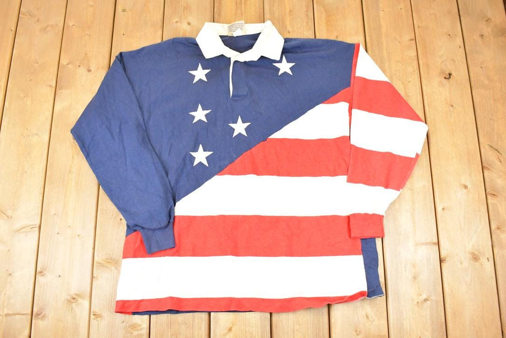 Vintage 1990s American Edition AOP American Flag Button Up Rugby Shirt Mens L /