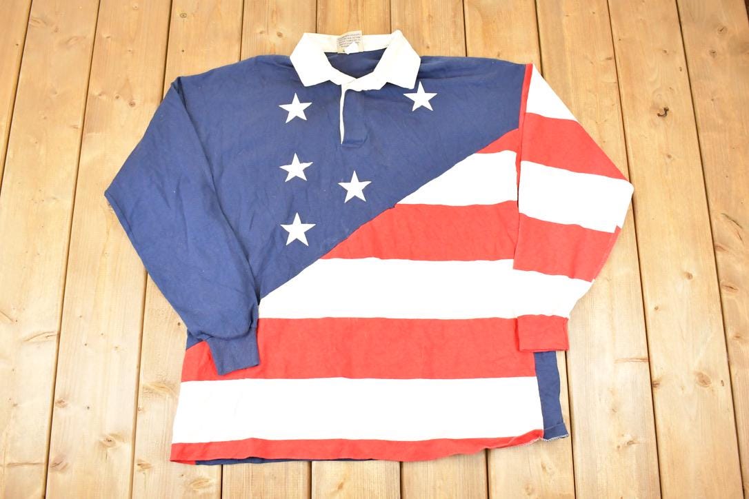 Vintage 1990s American Edition AOP American Flag Button Up Rugby Shirt Mens L / Heritage Button Up / 90's Dress Shirt