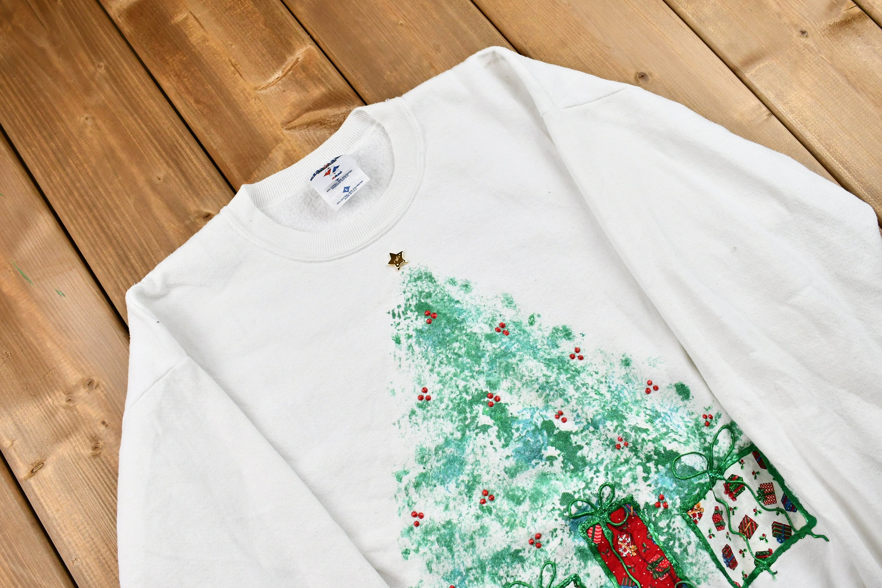 Vintage Christmas Sweater , 90s Holiday Crewneck , Made in USA , Winter Wear , Festive Christmas Tree Print
