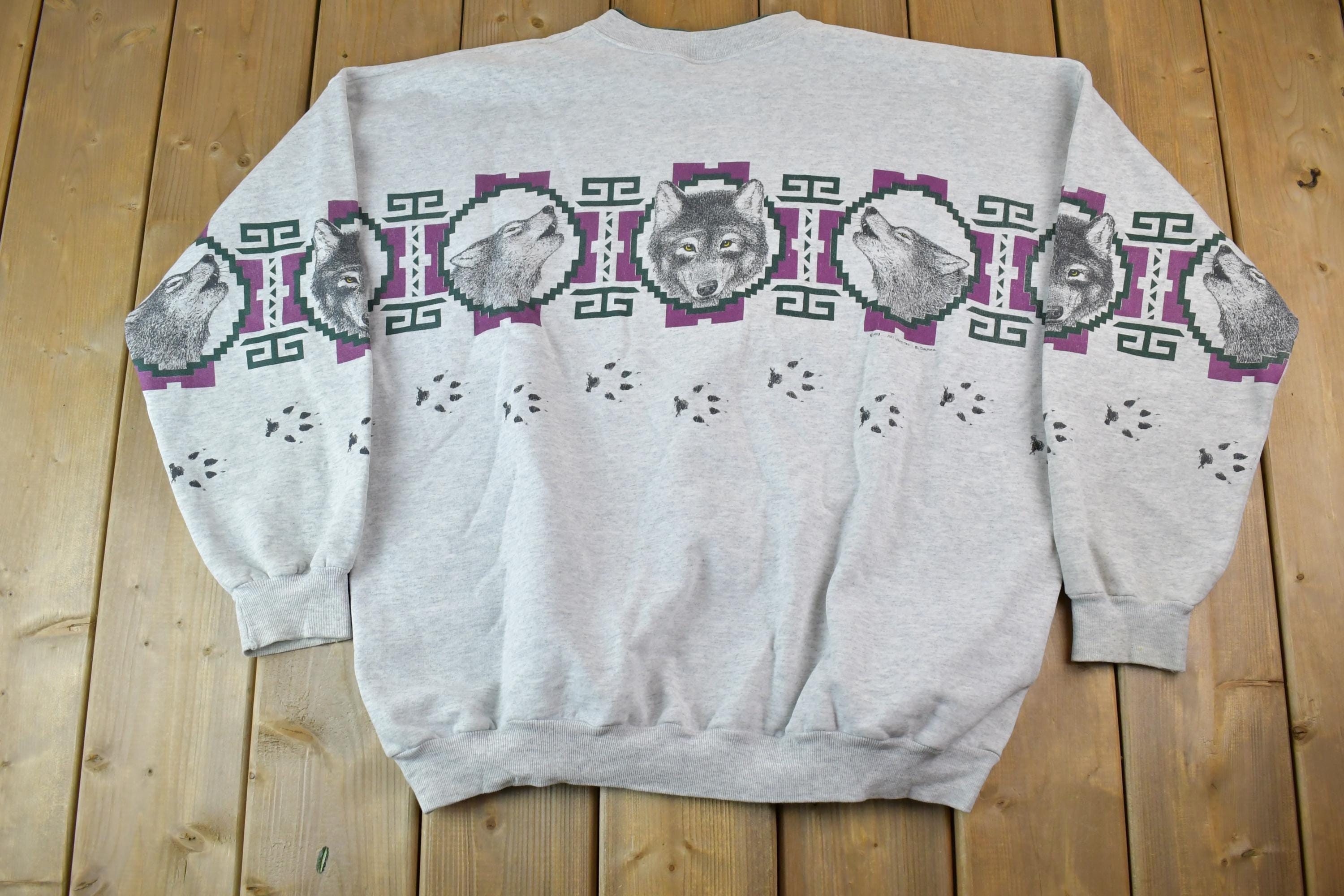 Vintage 1990s Art Unlimited Howling Wolf All Over Print Crewneck
