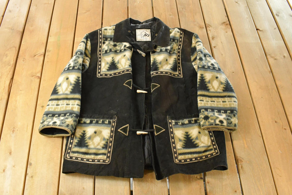 Vintage 1990s Miss Icy Aztec Leather Fleece Coat Women's XL / Fish Hook / 90s Jacket / 90s Coat / South Western Jacket / Outdoors