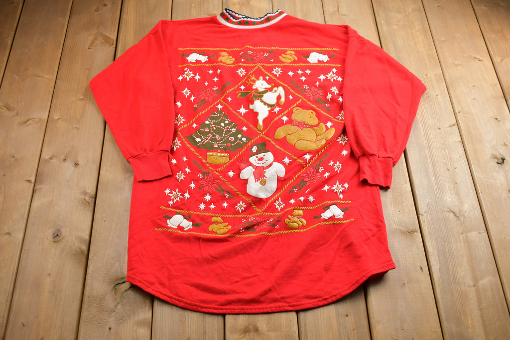 Vintage 1990s Snowman Christmas Sweater , 90s Holiday Crewneck , Winter Wear , Festive Graphic Print , Made In USA , Ribbed Collar
