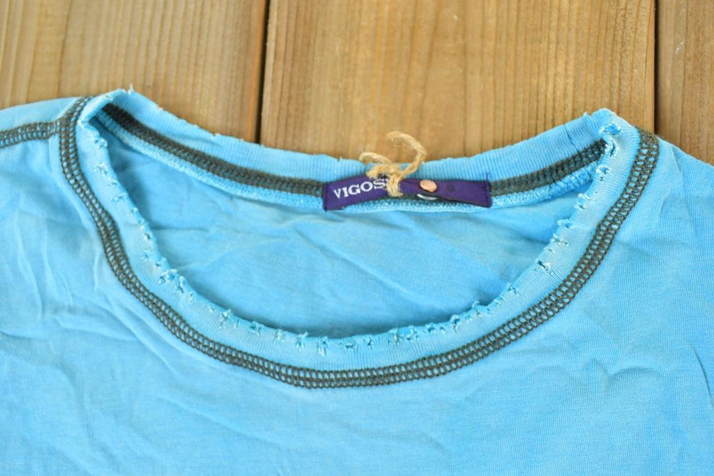 Women Vintage Vigoss Y2K Blank Blue T-Shirt / Vigoss Grunge Skull Print / Contrast Stitch / Internet Famous Clothing / Over Dyed