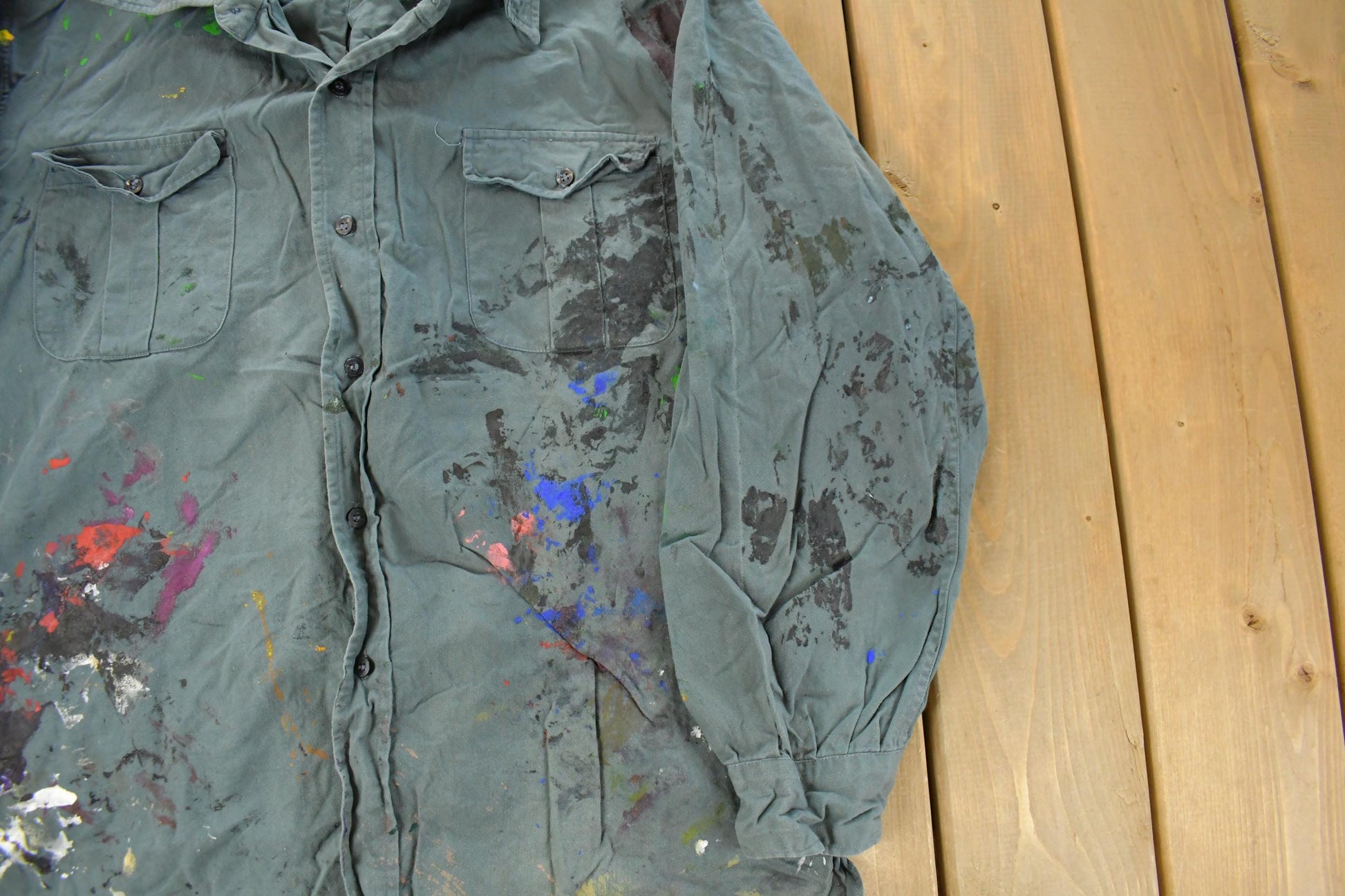 Vintage 1960s Champion Paint Splatter Button Up Shirt Men's Large  Workwear Shirt  True Vintage  Distressed