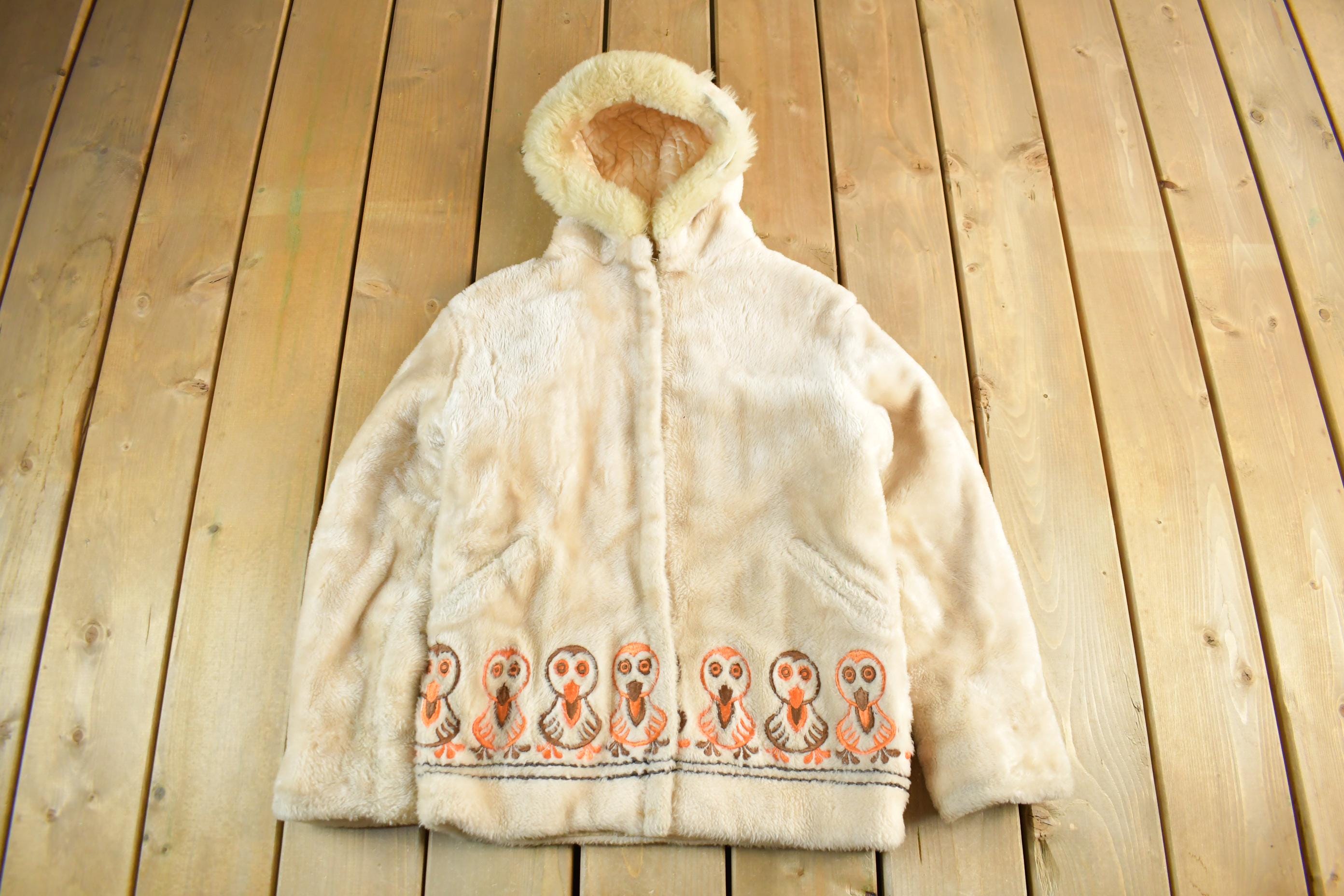 Vintage 1960s Lydia Fashions Tribal Art Fur Hooded Coat Women's M-L