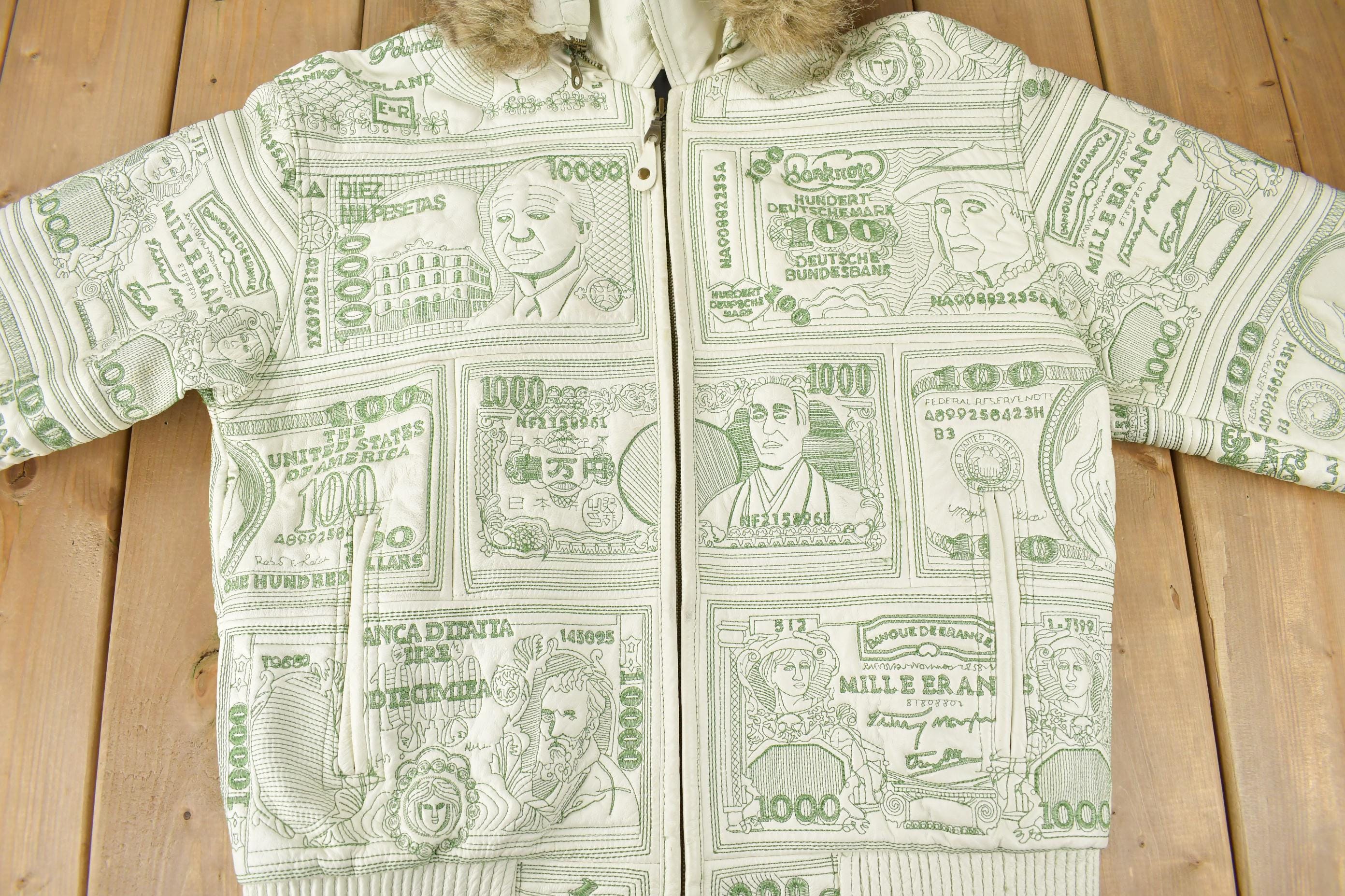 Vintage 1990s Tanners Avenue Leather Mosaic Bank Note 100 Dollar Bills Embroidered Bomber Jacket