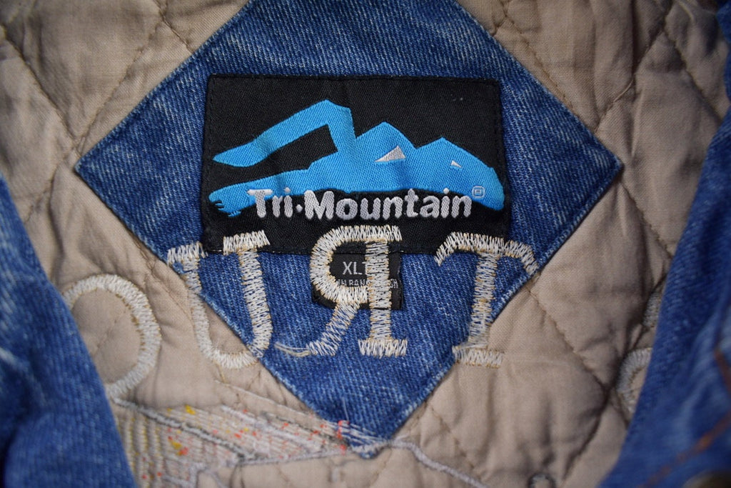 Vintage 1980s Tri Mountain Lars Trucking Embroidered Denim Letterman Size L