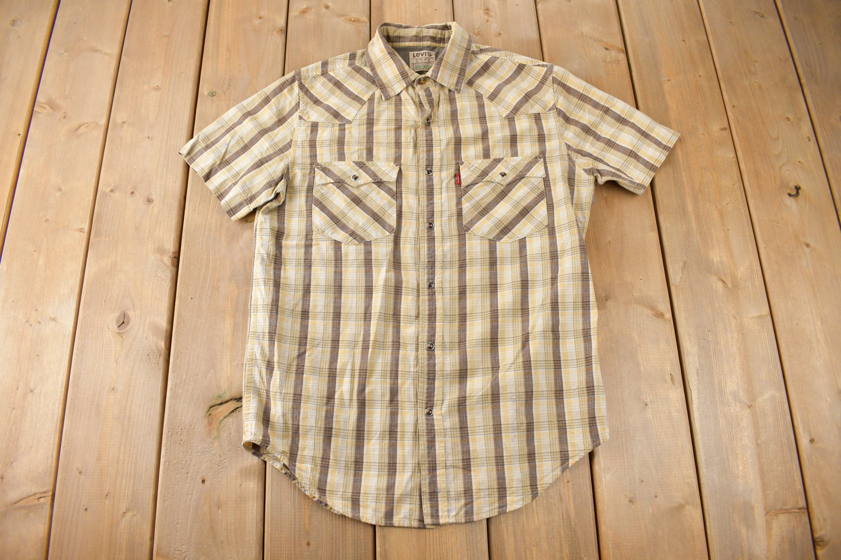 Vintage 1990s Levi's Western Wear Pearl Snap Plaid Short Sleeve Button Up Shirt Size M