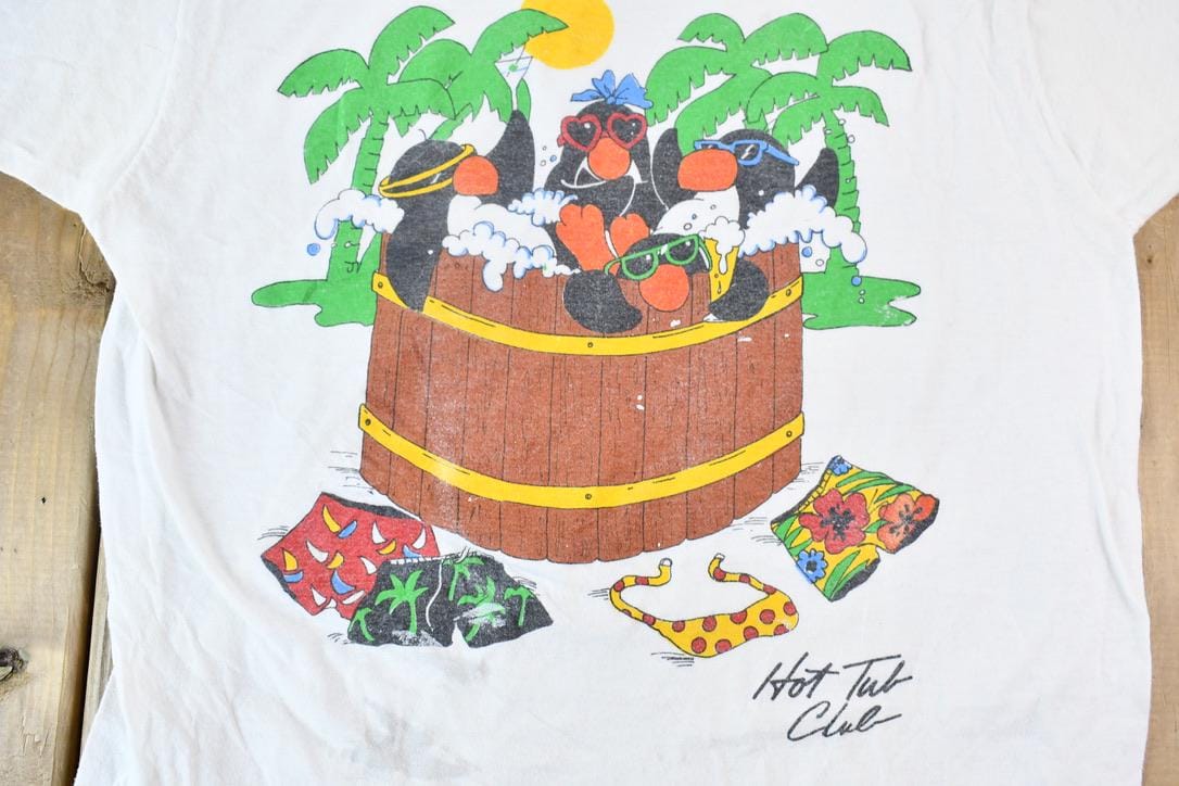 Vintage 1990s Hot Tub Club Tropical Penguins Single Stitch Graphic T-Shirt