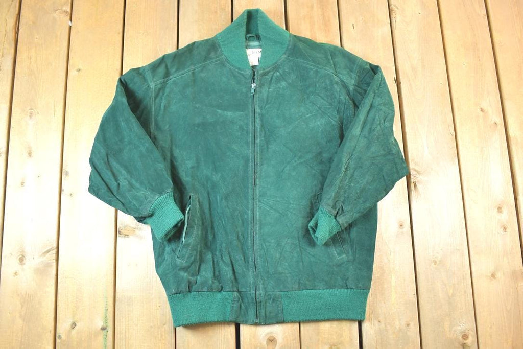 Vintage 1990s Intern Olive Grained Suede Bomber Biker Jacket Made In USA