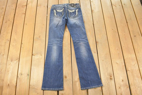 Vintage Deadstock Y2K Miss Me Bedazzled Low Rise Jeans Women's Size 26x31 / Boot Cut Jeans / 2000's Embroidered Contrast Stitched Denim