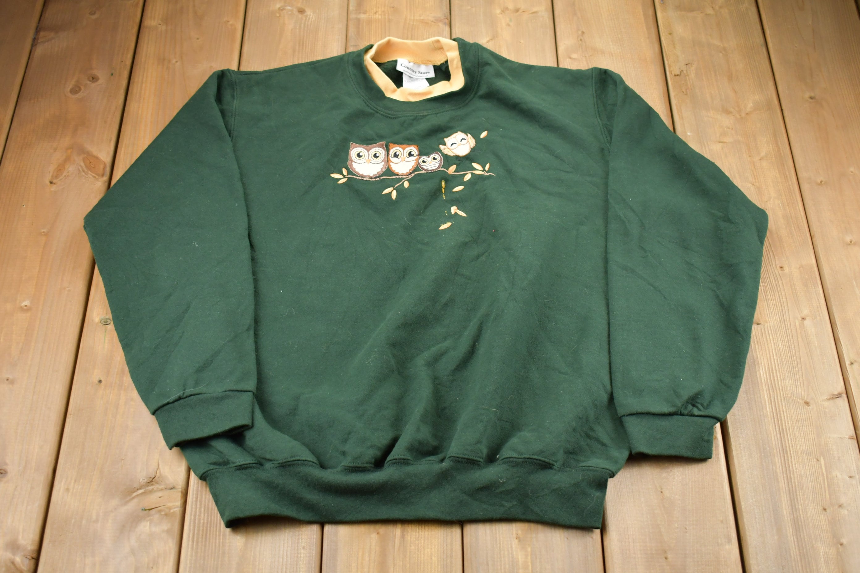 Vintage 1990s Cute Owl Embroidered Double Collar Crewneck
